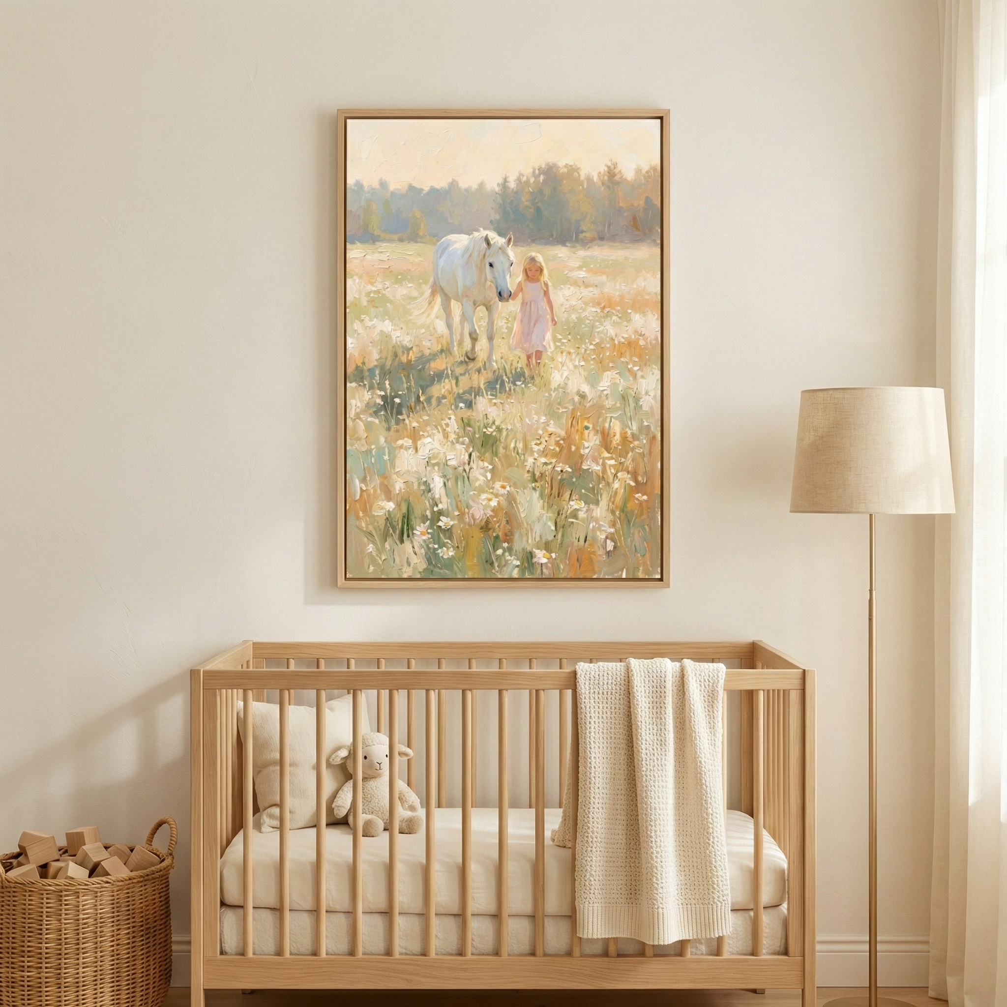 A cozy nursery features a wooden crib with a plush teddy bear and a textured blanket draped over the side. Above the crib hangs a framed painting of a child in a pink dress walking with a white horse through a sunlit field. A wicker basket filled with wooden blocks sits nearby, and a tall floor lamp stands in the corner, casting a warm glow.