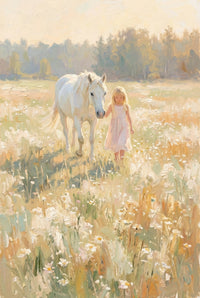 An impressionistic artwork rendered with thick, visible textures captures a serene moment between a young girl and a white horse. The child, with long blonde hair and a simple pale pink dress, walks gracefully beside the gentle animal through a sun-drenched meadow carpeted with white wildflowers. Soft, warm light bathes the entire landscape, creating an ethereal glow. In the distance, a hazy line of trees stands beneath a pale sky, emphasizing a tranquil and nostalgic atmosphere.