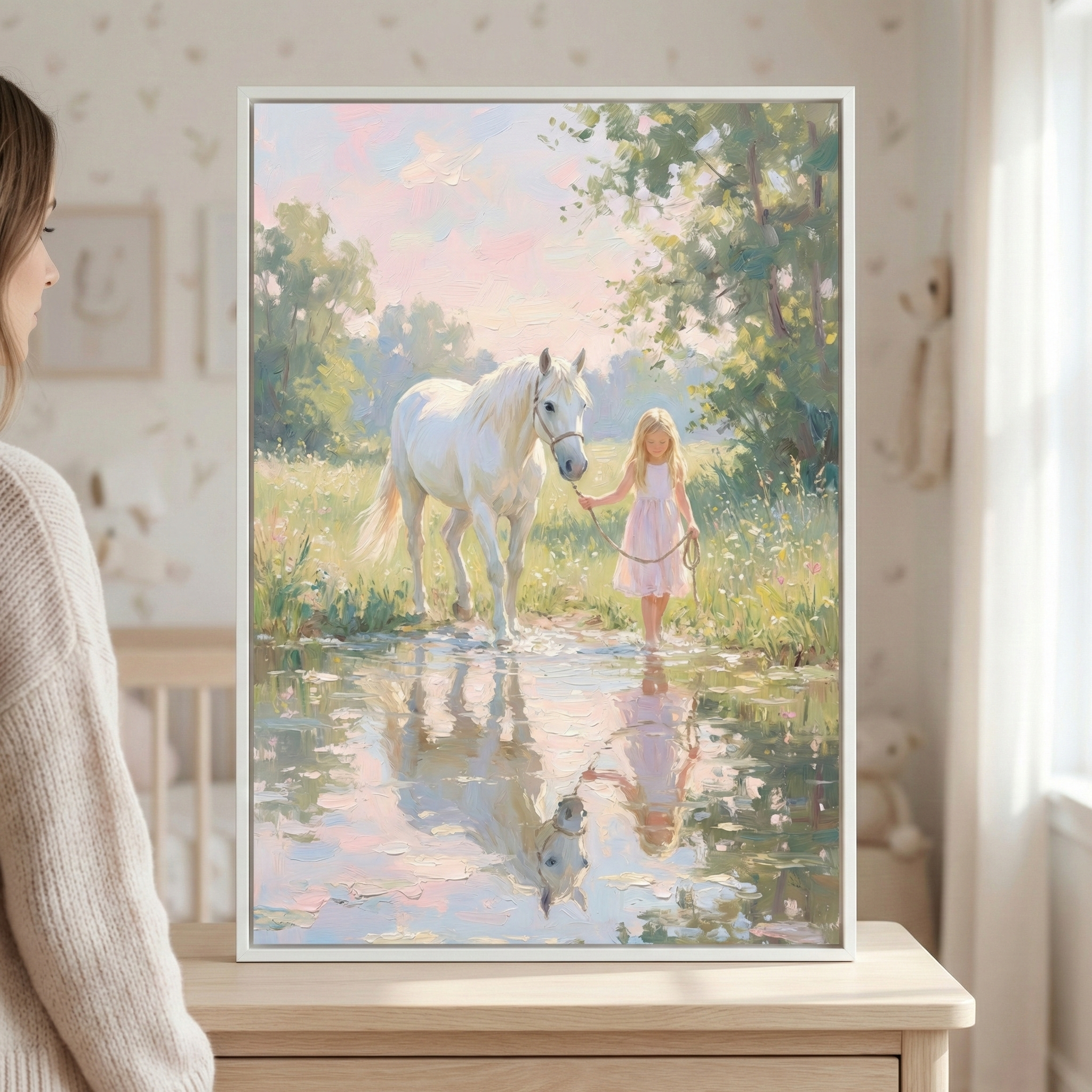 A woman admires a framed painting of a young girl in a pink dress leading a white horse through a sunlit meadow, with their reflections visible in a tranquil water puddle.