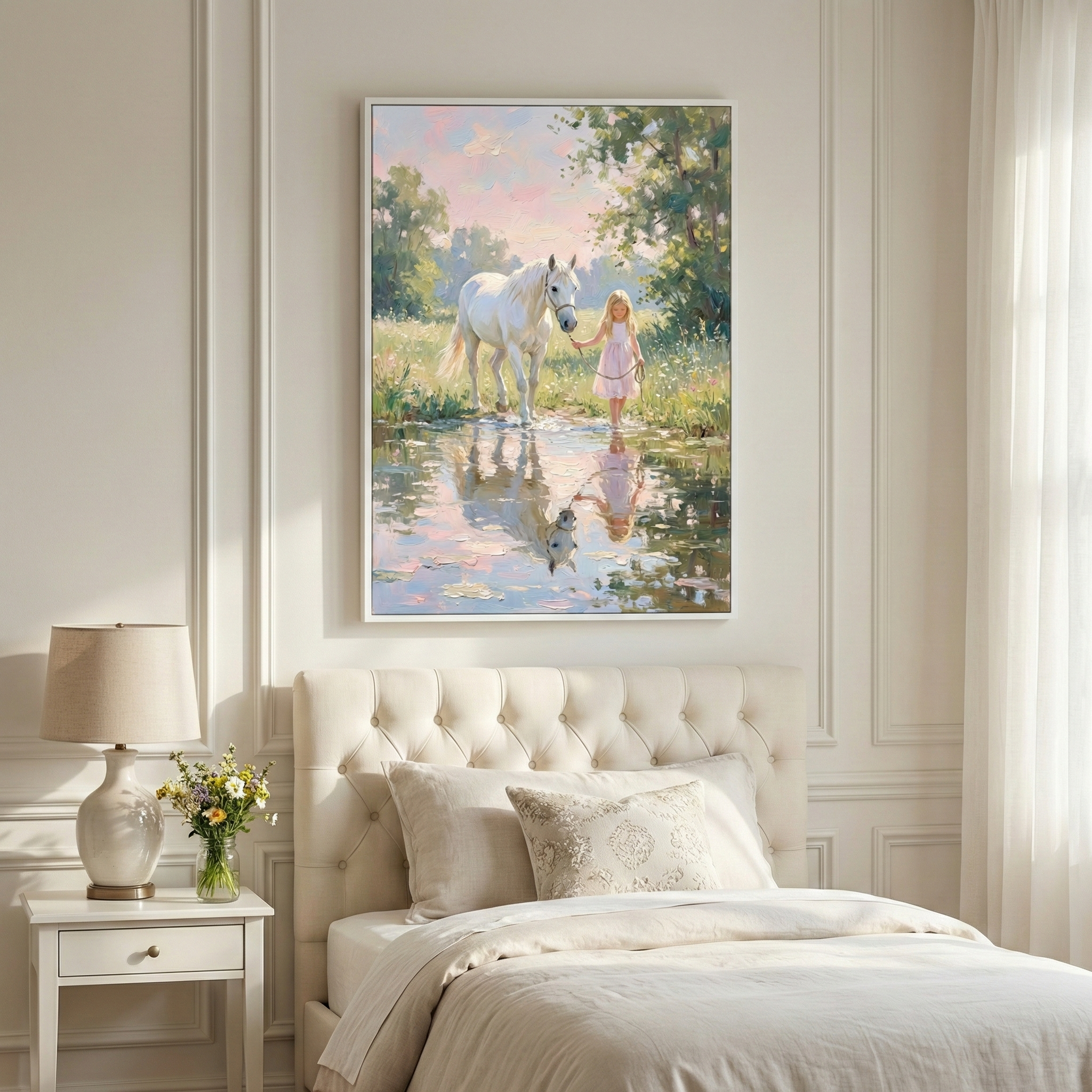 A serene bedroom features a large, vertical artwork on a cream wall with classic molding. The art depicts a sun-dappled landscape where a young child in a pink dress leads a white horse through a shallow pool. The scene is rendered in an impressionistic style with visible brushwork and pastel tones. Below, a bed with a tufted headboard is dressed in neutral linens. A white nightstand to the left holds a cream lamp and wildflowers, while soft light filters through sheer curtains on the right.