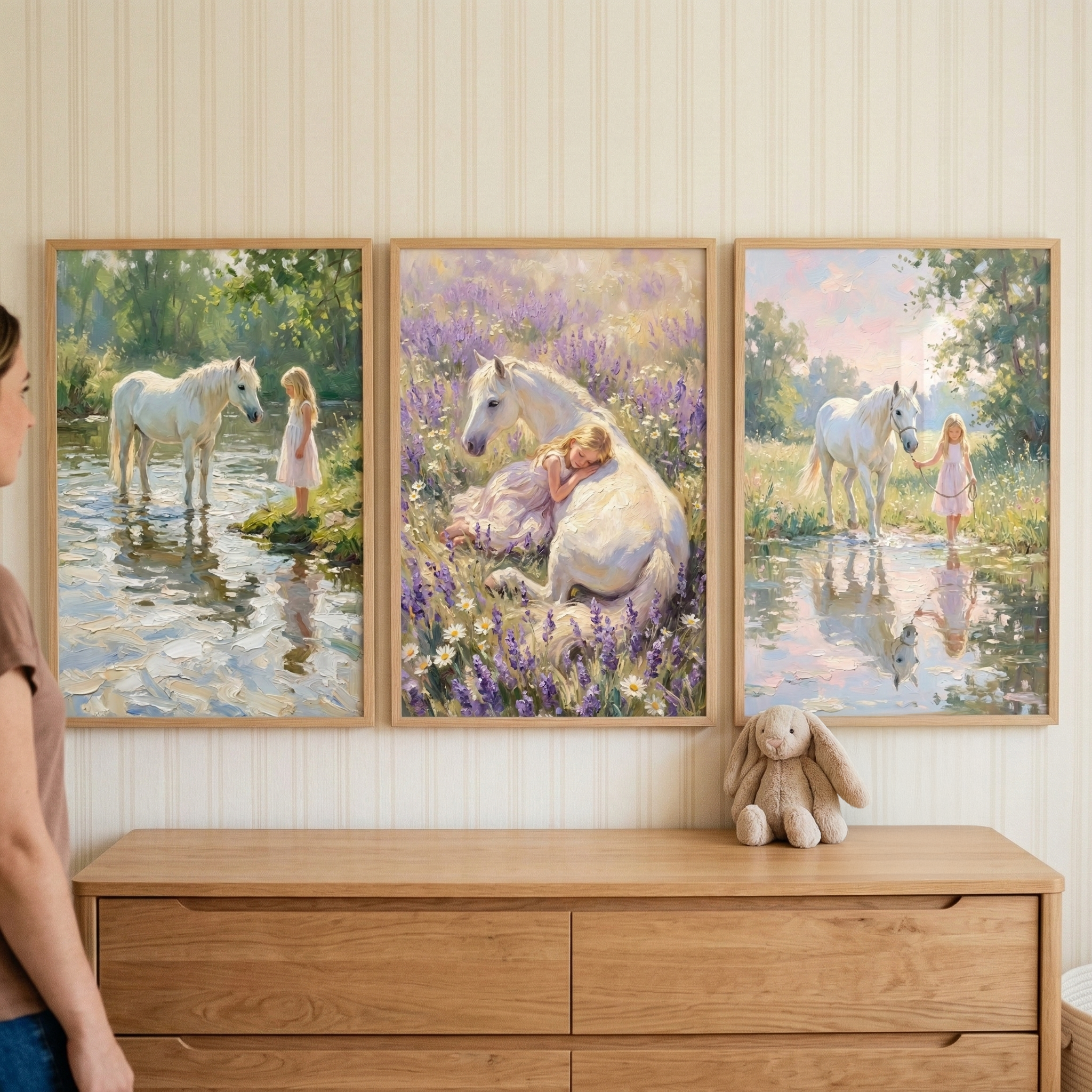 White Horse Wall Art For Girls Room Set of 3 - Serene Meadow Bond