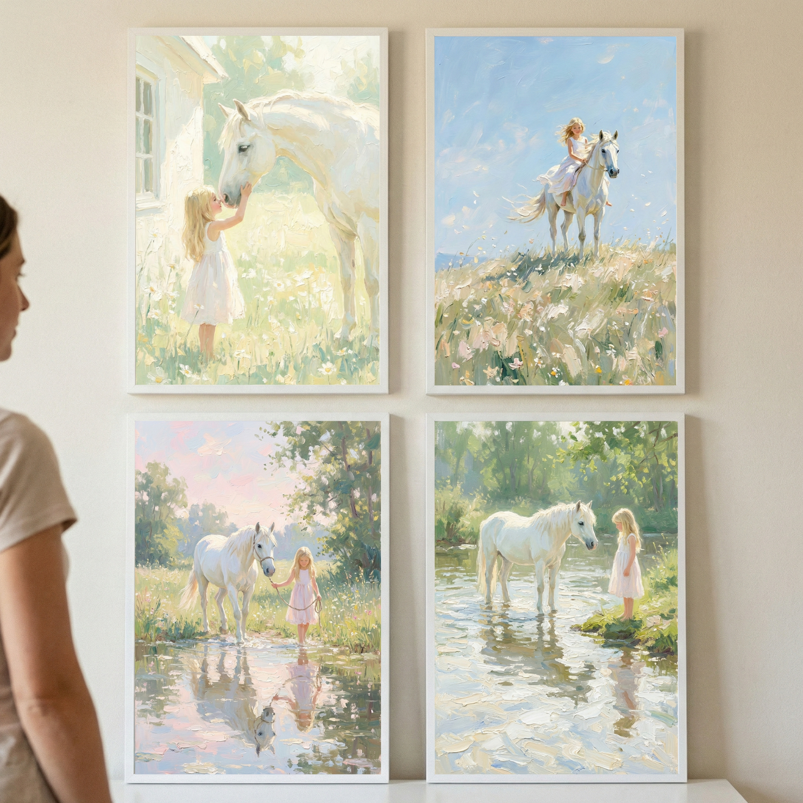 Four framed impressionist style paintings arranged in a grid show a young blonde girl in a light dress interacting with a white horse in peaceful outdoor scenes including a flower meadow a hilltop ride and a quiet stream. A person stands to the side viewing the artwork displayed on a neutral wall which highlights the soft pastel countryside scenes.