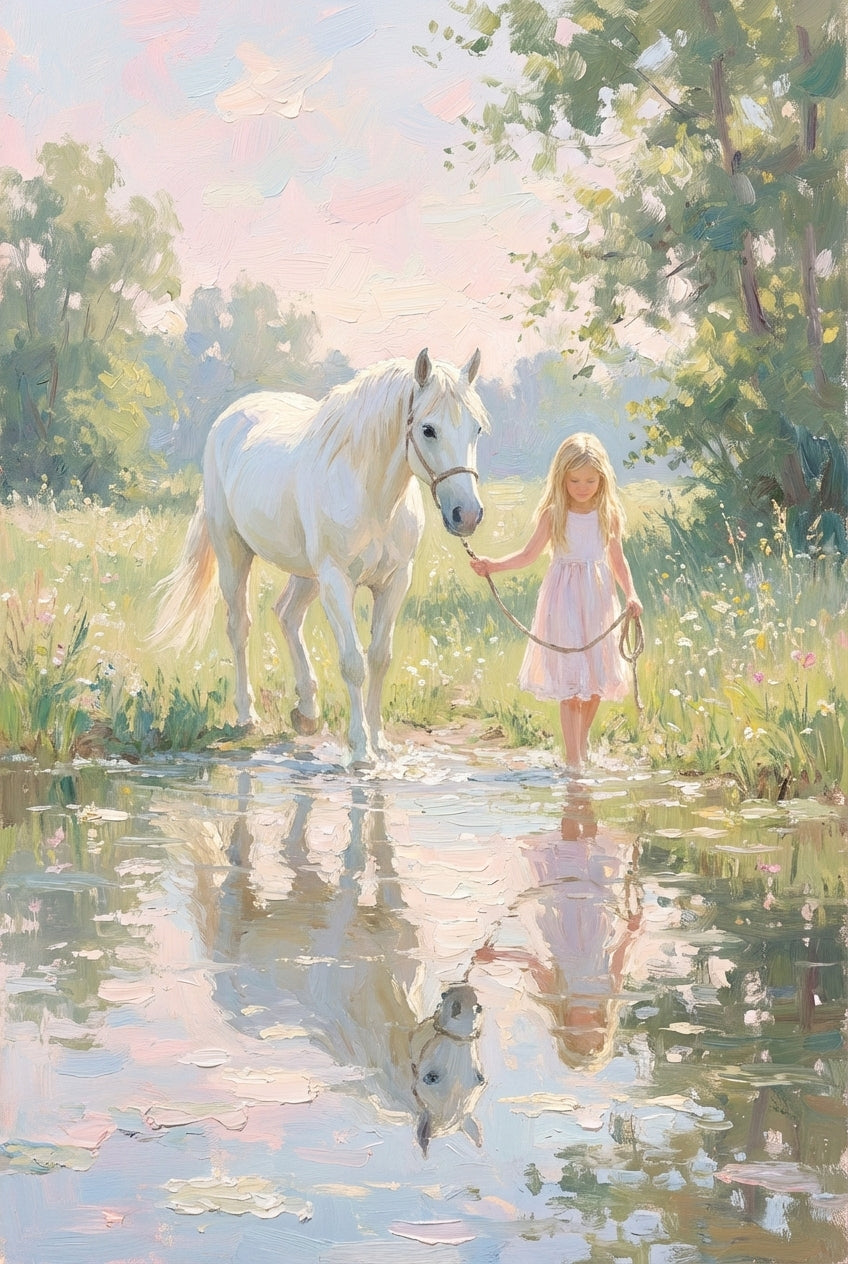 An impressionistic artwork in a pastel color palette captures a serene moment where a young girl with long blonde hair leads a white horse through a shallow stream. The girl wears a simple pink dress, and the horse follows gently. Their clear reflections shimmer in the rippling water. The background is a lush, sunlit meadow with vibrant green trees and small wildflowers under a soft pink and blue sky. Thick, visible brushstrokes and soft lighting create a peaceful, dreamlike scene.