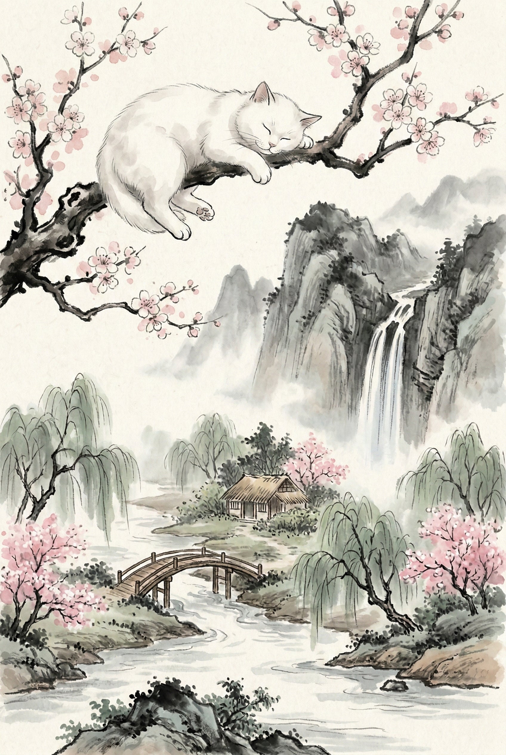 White Kitten Nap Blossom Wall Art - Serene Blossom Nap