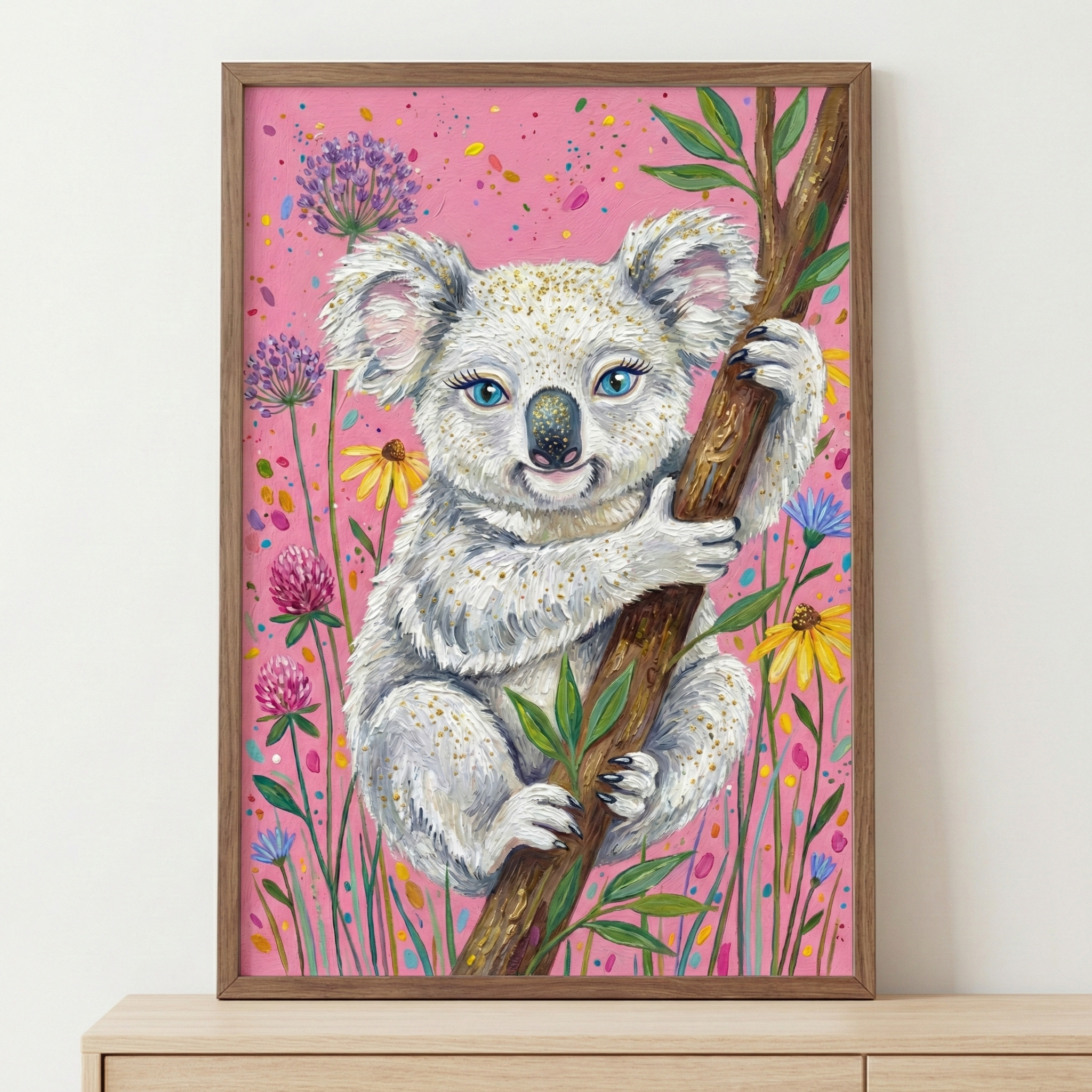 A whimsical artwork featuring a cute white and grey koala with large blue eyes and long eyelashes, clinging to a brown tree branch. The koala has fluffy ears and a soft expression. The background is a vibrant pink, adorned with various colorful wildflowers in shades of purple, yellow, and magenta, along with playful multicolored splatters. The piece is set within a light wood frame and displayed against a neutral white wall on a wooden surface.