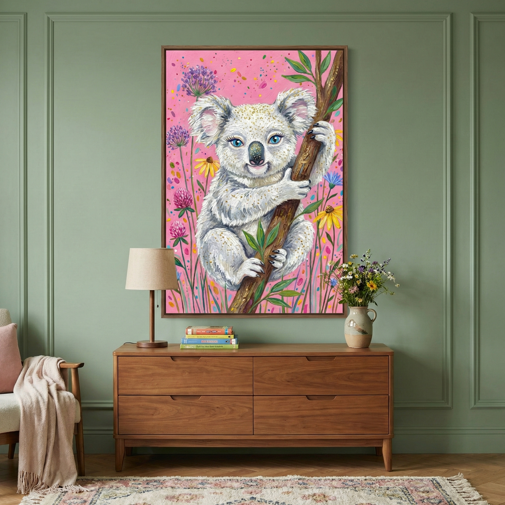 A framed artwork hanging on a sage green wall depicts a fluffy, white and gray koala clinging to a tree branch. The koala has large, tufted ears and blue eyes. It is set against a vibrant pink background adorned with various colorful wildflowers in shades of purple, yellow, and magenta. Below the illustration is a mid-century modern style wooden dresser. On top of the dresser are a lamp with a neutral shade, a few books, and a ceramic jug holding a bouquet of fresh flowers.