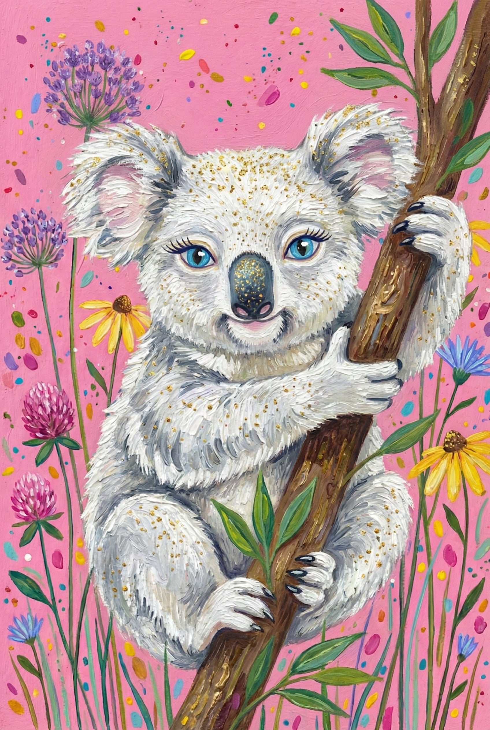 A fluffy white koala with sparkly golden specks hugs a brown tree trunk surrounded by colorful wildflowers. It has bright blue eyes and a soft pink smile.
