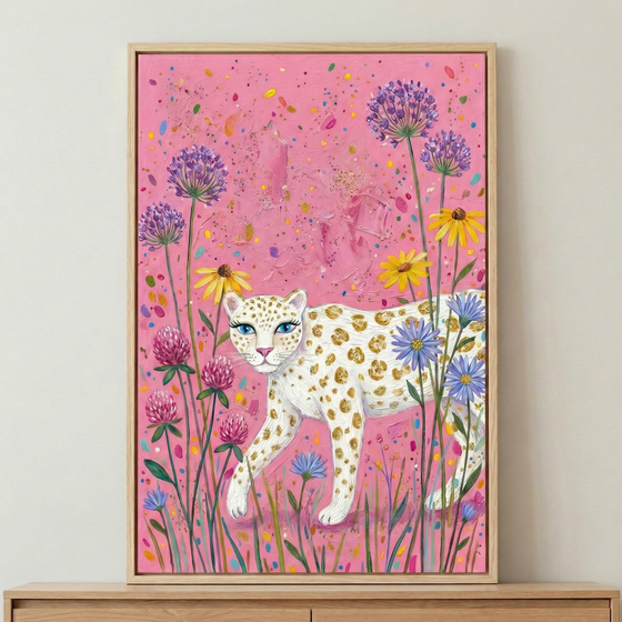 A whimsical artwork depicts a stylized white leopard with golden-brown spots and bright blue eyes walking through a vibrant floral landscape. The leopard is centered and faces toward the left, surrounded by tall, slender-stemmed flowers in shades of purple, yellow, pink, and blue. 
