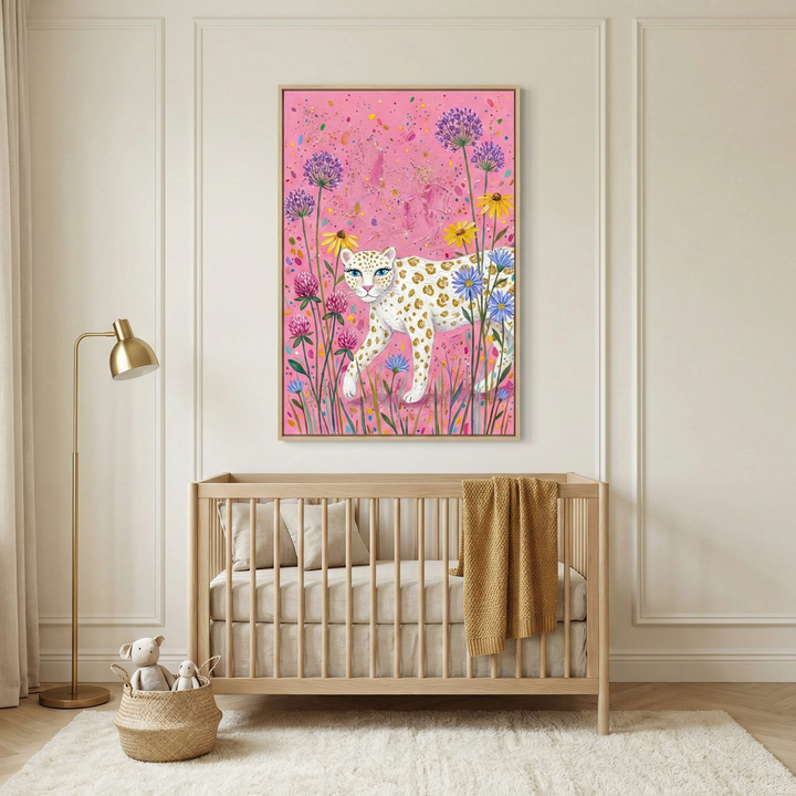 A vibrant artwork featuring a white leopard with gold spots walking through a field of purple, yellow, and blue wildflowers on a pink background hangs in a child's nursery. Centered above a light-toned wooden crib, the illustration adds a pop of color to the room. The crib is styled with neutral bedding and a mustard-yellow throw. To the side, a gold floor lamp and a woven basket with stuffed animals sit on a soft white rug against cream-paneled walls.
