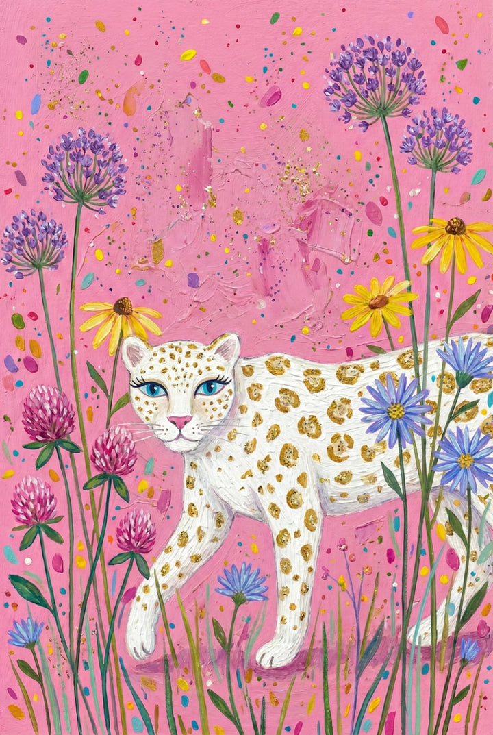 A white leopard with gold-dotted fur and blue eyes prowls through a lush flower field. The pink background is textured with brushstrokes and bright color splashes.