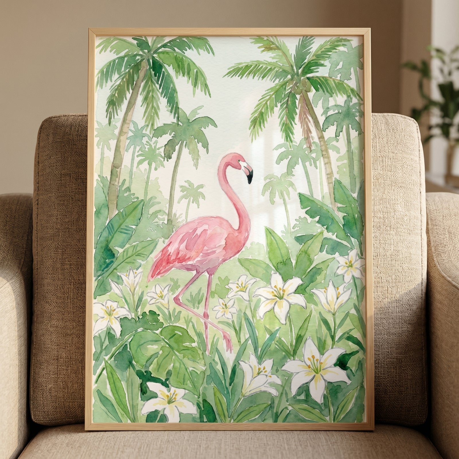 White lily tropical flamingo wall art featuring a pink flamingo among white lilies and tropical palm trees.