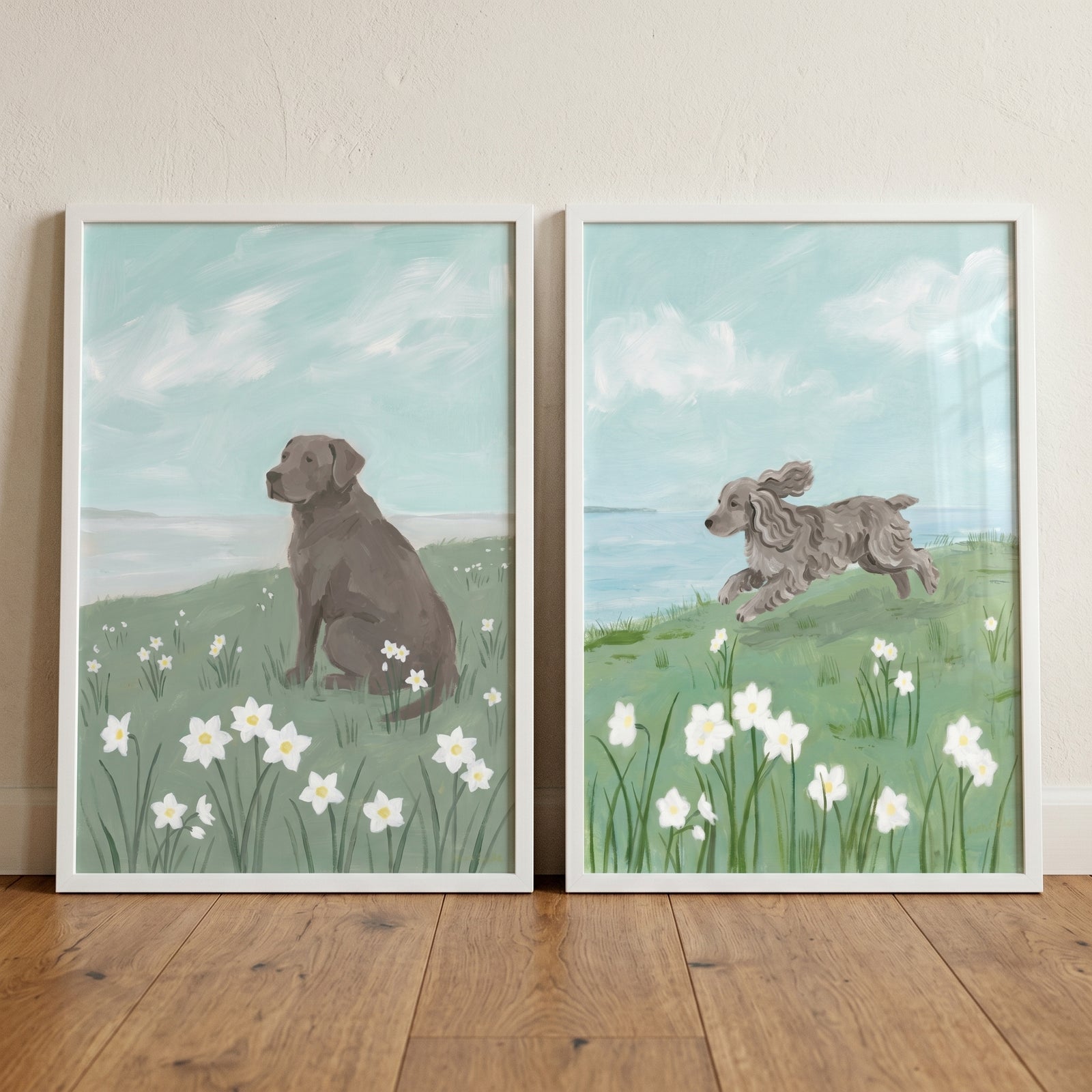 Brown and grey dogs in fields of flowers in this white narcissus meadow dogs artwork set of 2.