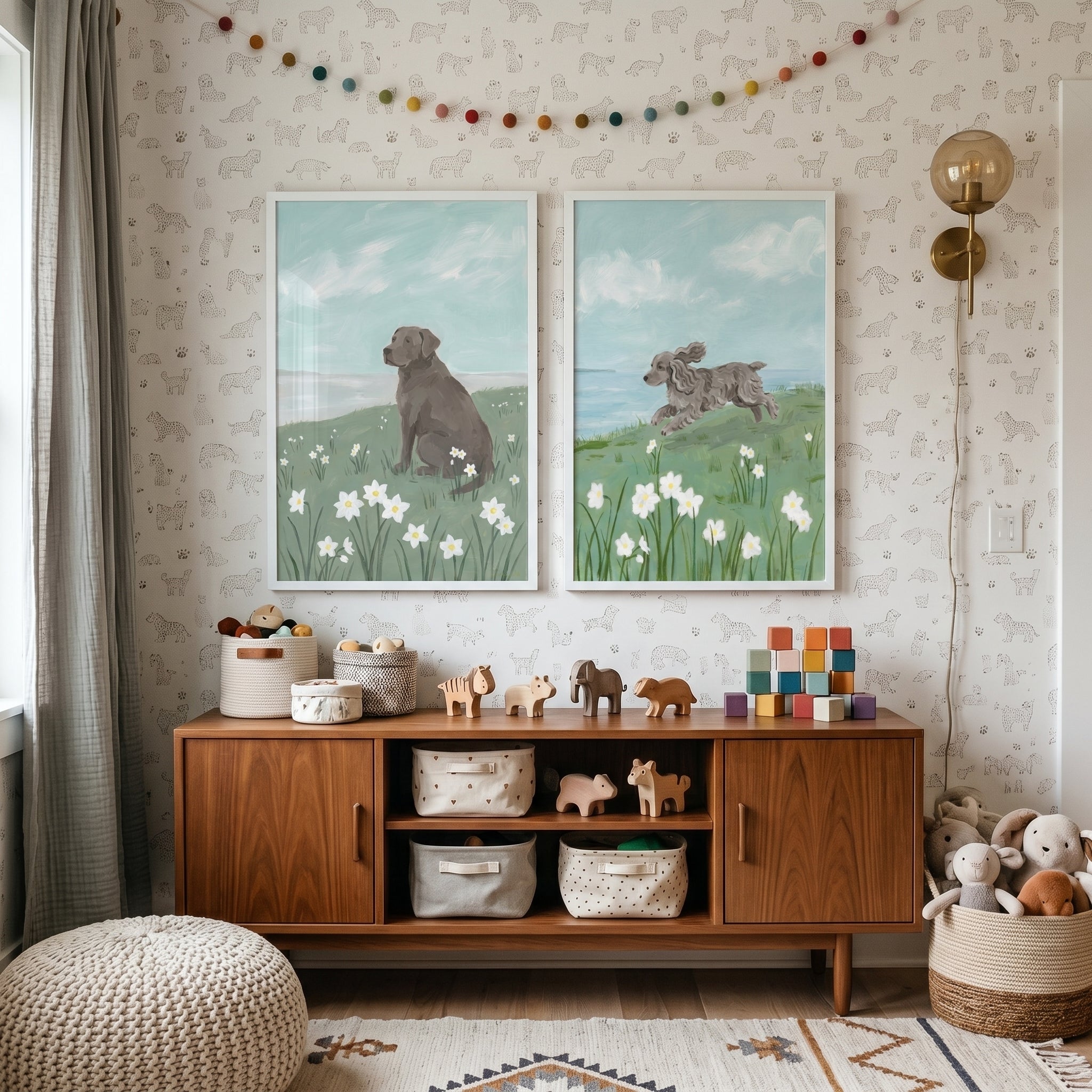White Narcissus Meadow Dogs Artwork Set of 2 - Coastal Meadow Dogs