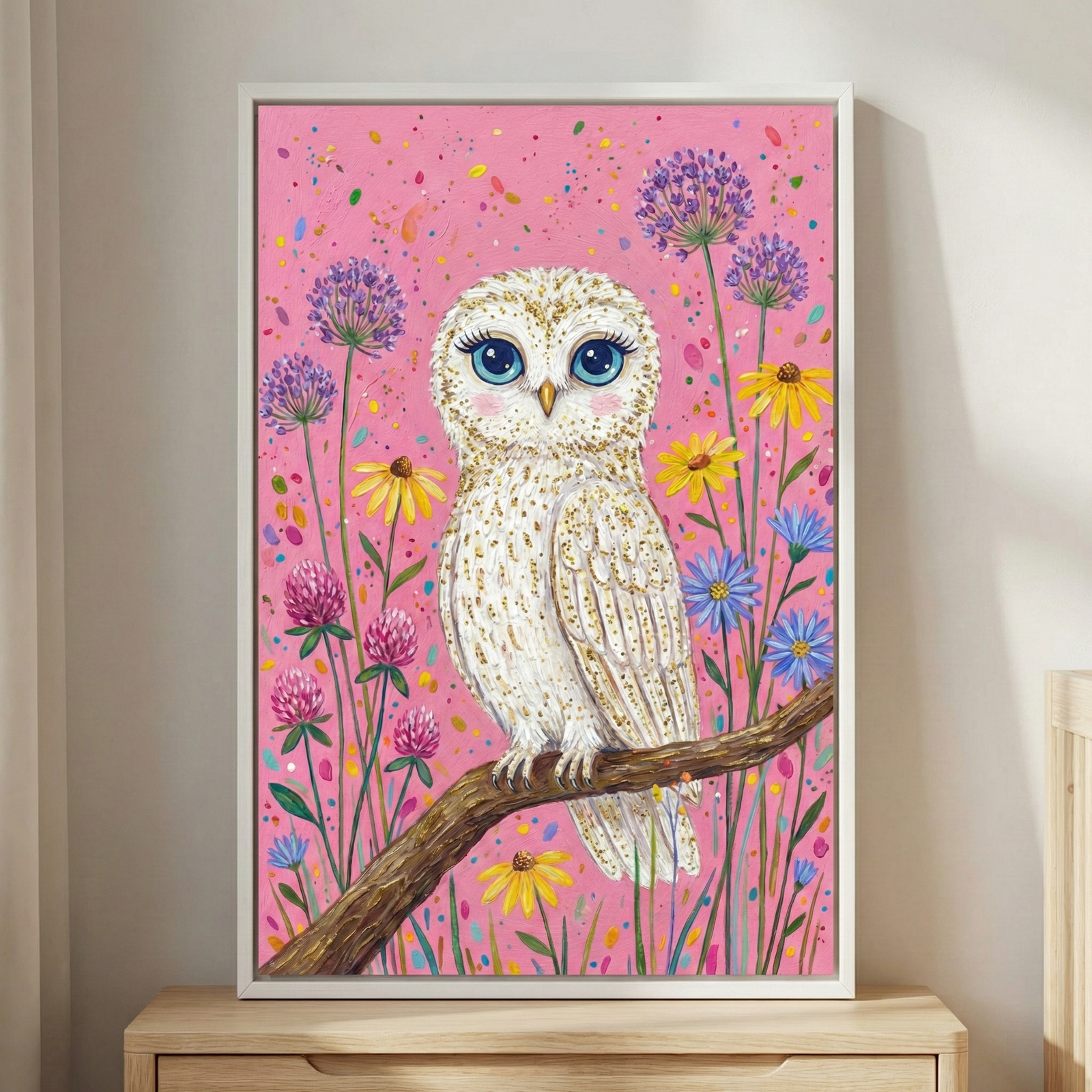 This artwork features a whimsical white owl with large, expressive blue eyes and long eyelashes, perched on a textured brown branch. The owl’s feathers are decorated with gold-toned speckles, giving it a shimmering appearance. The background is a vibrant pink, filled with colorful, confetti-like dots in shades of yellow, blue, and purple. 