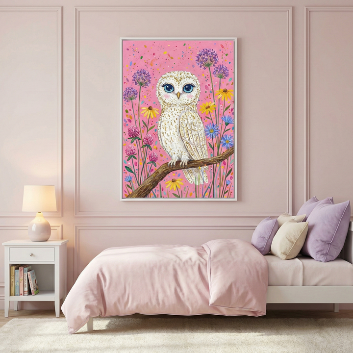 A serene bedroom displays a large, framed canvas art featuring a whimsical white owl with large, captivating blue eyes. The owl perches on a branch against a lively pink background filled with colorful flowers and confetti-like speckles. The room's soft aesthetic is enhanced by a bed with a light pink duvet and a collection of purple and beige pillows. 