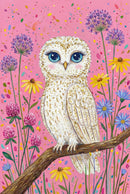 A wide-eyed white owl with golden sparkles on its feathers perches on a brown branch. It's surrounded by tall colorful wildflowers against a playful pink backdrop.