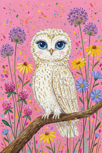 A wide-eyed white owl with golden sparkles on its feathers perches on a brown branch. It's surrounded by tall colorful wildflowers against a playful pink backdrop.