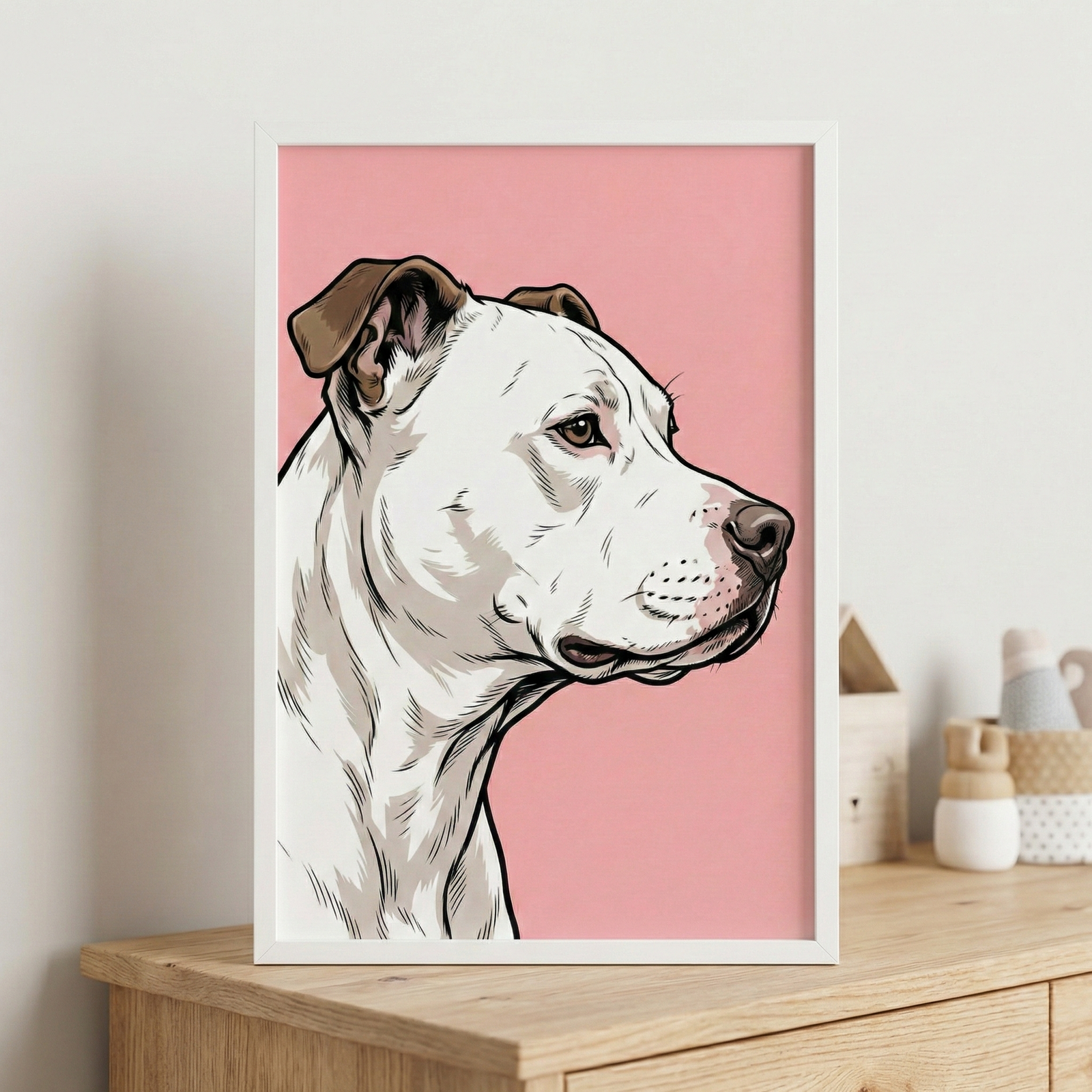 A framed illustration featuring a profile view of a white dog with short, brown ears. The artwork utilizes bold black outlines and detailed line work for shading, giving it a stylized, graphic quality. The subject is set against a solid, soft pink background. The framed portrait is displayed on a light-toned wooden tabletop, with a minimalist room setting visible in the blurred background, including a small wooden house and decorative vessels.