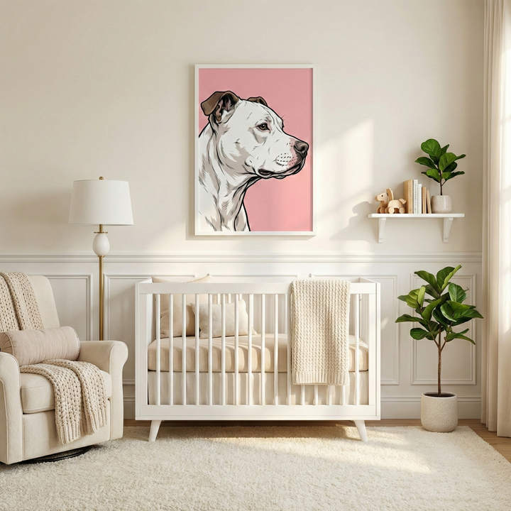 Framed modern dog portrait of a white dog in side profile illustrated with clean black linework against a soft pink background. The bold, minimalist artwork hangs above a white crib with neutral bedding, adding a sweet and contemporary touch to a calm, cozy nursery.