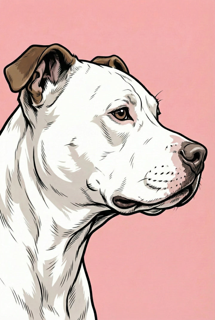 A profile view of a white dog with short fur and light brown patches on its ears, shown against a solid pale pink background. The image is a stylized graphic illustration with thick black outlines and detailed line-work shading to define the muscles and fur. The dog's head is turned to the right, showing a brown eye and a dark nose with a touch of pink. The art style is clean and bold, using a comic-book aesthetic to create a powerful yet gentle portrait.
