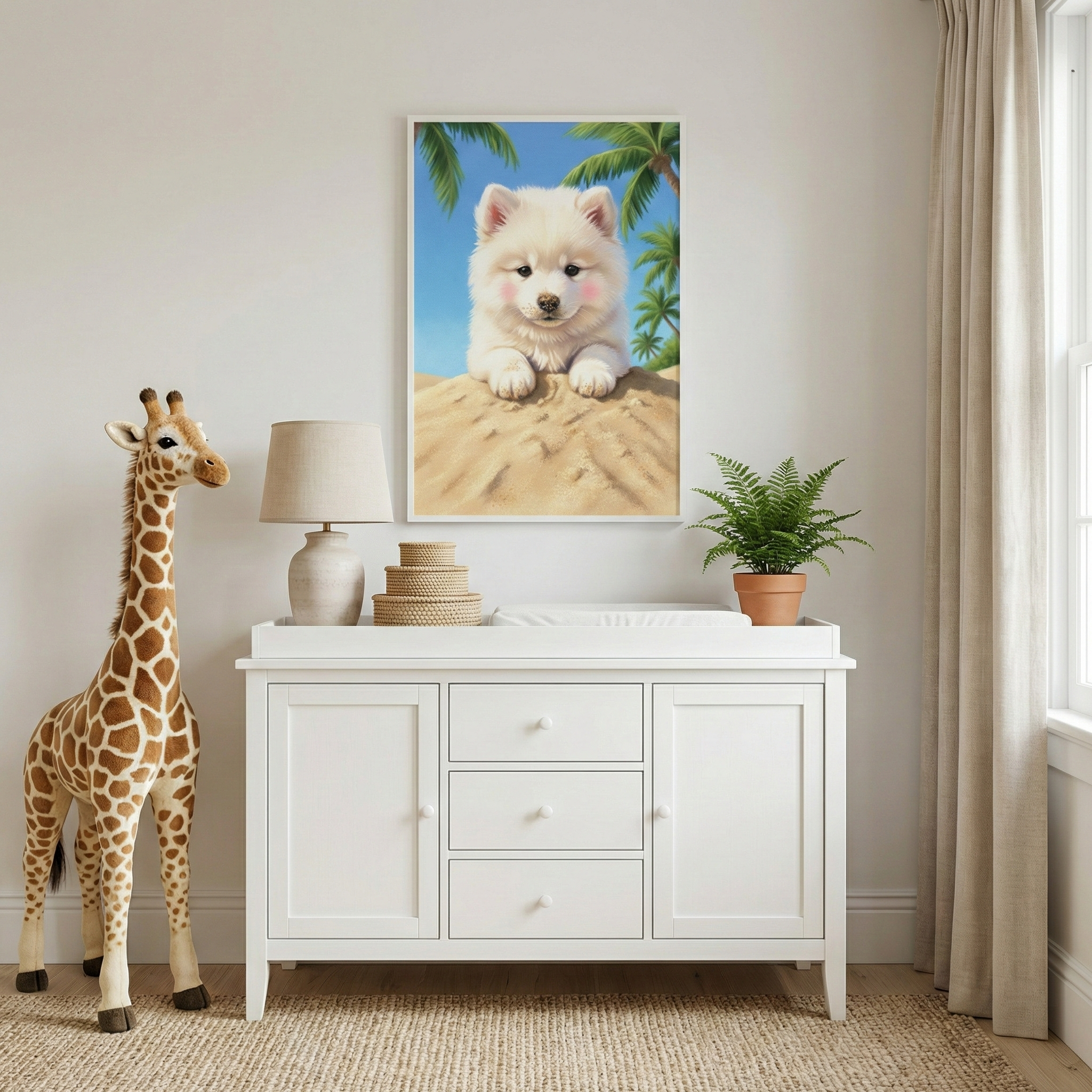 A cozy nursery features a white dresser topped with a beige lamp, stacked wicker baskets, and a potted fern. A plush giraffe toy stands beside it. Above, a framed picture of a fluffy white puppy on sand with palm trees and a blue sky adds a playful touch.