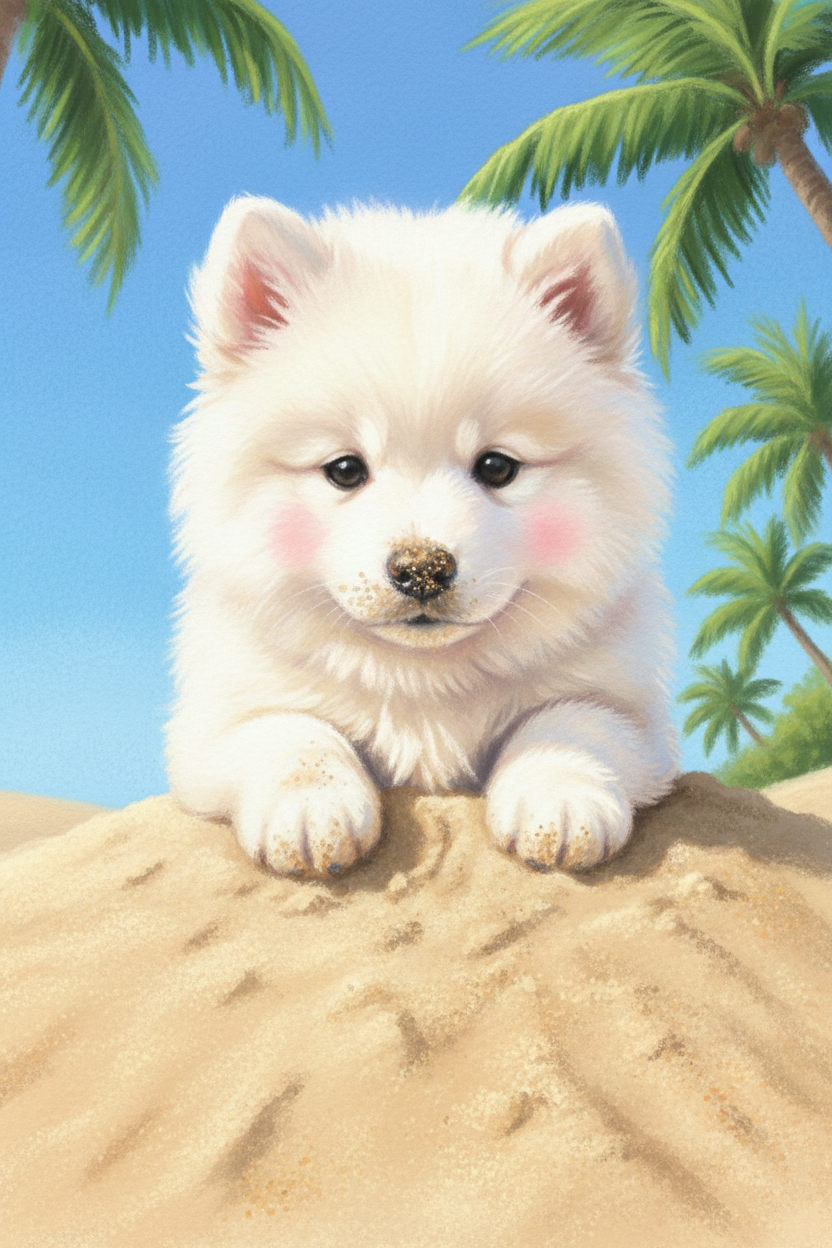 A soft-textured digital illustration of a fluffy white puppy with rosy pink cheeks. The puppy has dark, expressive eyes and is resting its paws and chin on a mound of light brown sand. Small grains of sand are scattered on its black nose and white paws. In the background, vibrant green palm trees stand against a clear, bright blue sky, creating a sunny and warm tropical beach atmosphere.