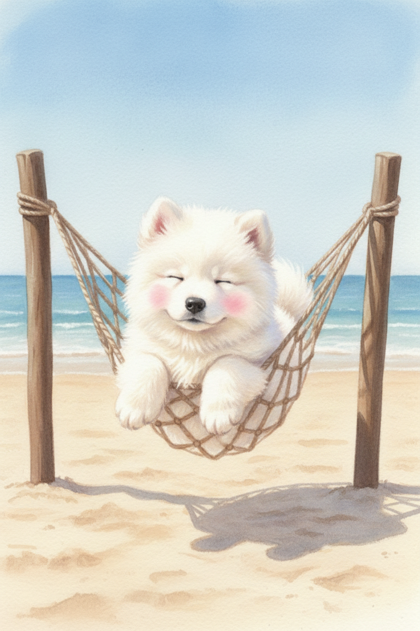 A whimsical watercolor illustration of a small, fluffy white puppy with a peaceful expression, its eyes closed and pink blush on its cheeks. The puppy is nestled in a rope hammock suspended between two wooden posts on a sunny beach. In the background, soft waves roll onto the sand under a clear, pale blue sky. The scene is bright and serene, capturing a moment of pure relaxation.