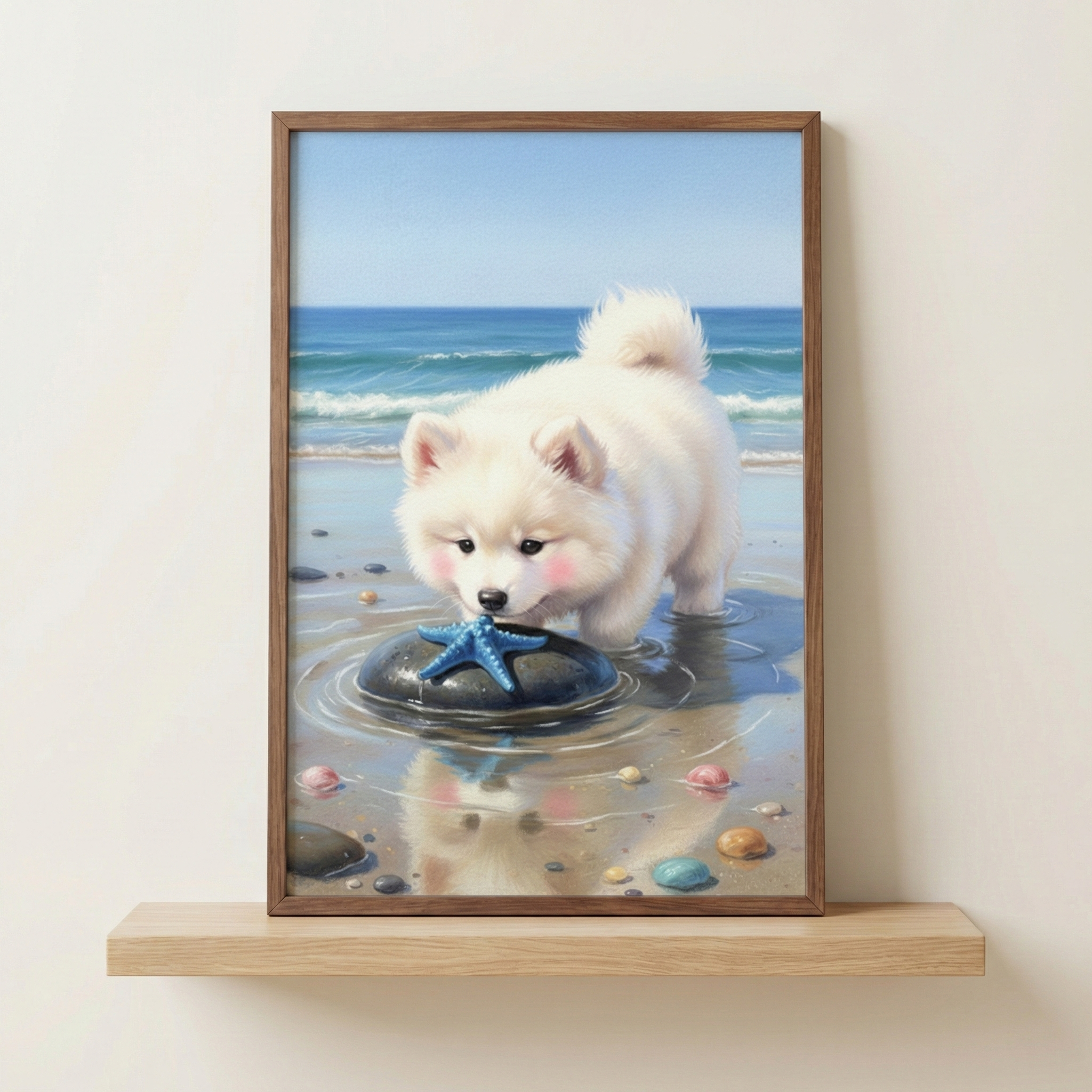 A framed digital artwork of a fluffy white puppy with pink cheeks stands on a wooden shelf. In the scene, the puppy is at the edge of a calm ocean, looking down at a blue starfish resting on a smooth dark stone in shallow water. The water reflects the puppy's image and creates gentle ripples around the stone. Small, colorful pebbles are scattered across the sandy shore under a clear blue sky. The piece is encased in a simple brown wooden frame.