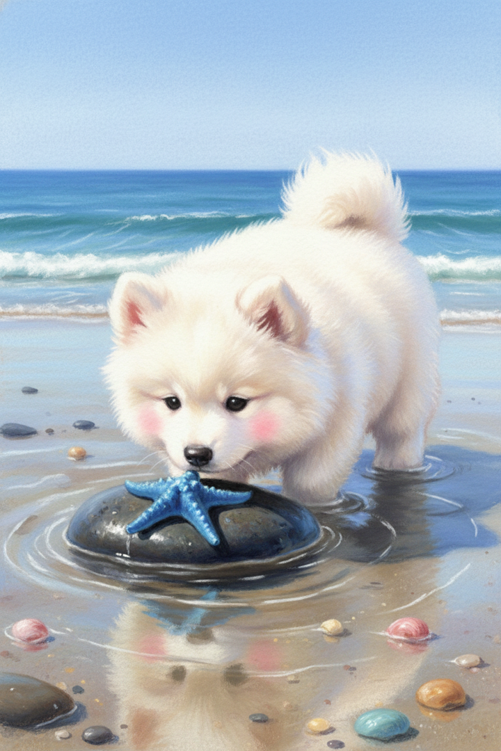 A soft digital illustration of an extremely fluffy white puppy with rosy cheeks standing in shallow beach water. The puppy gazes at a bright blue starfish resting on a smooth dark stone. A clear reflection of the puppy is visible in the water. Colorful sea shells and small pebbles are scattered across the wet sand. In the background, gentle ocean waves meet the horizon under a clear blue sky, creating a peaceful and cute scene.