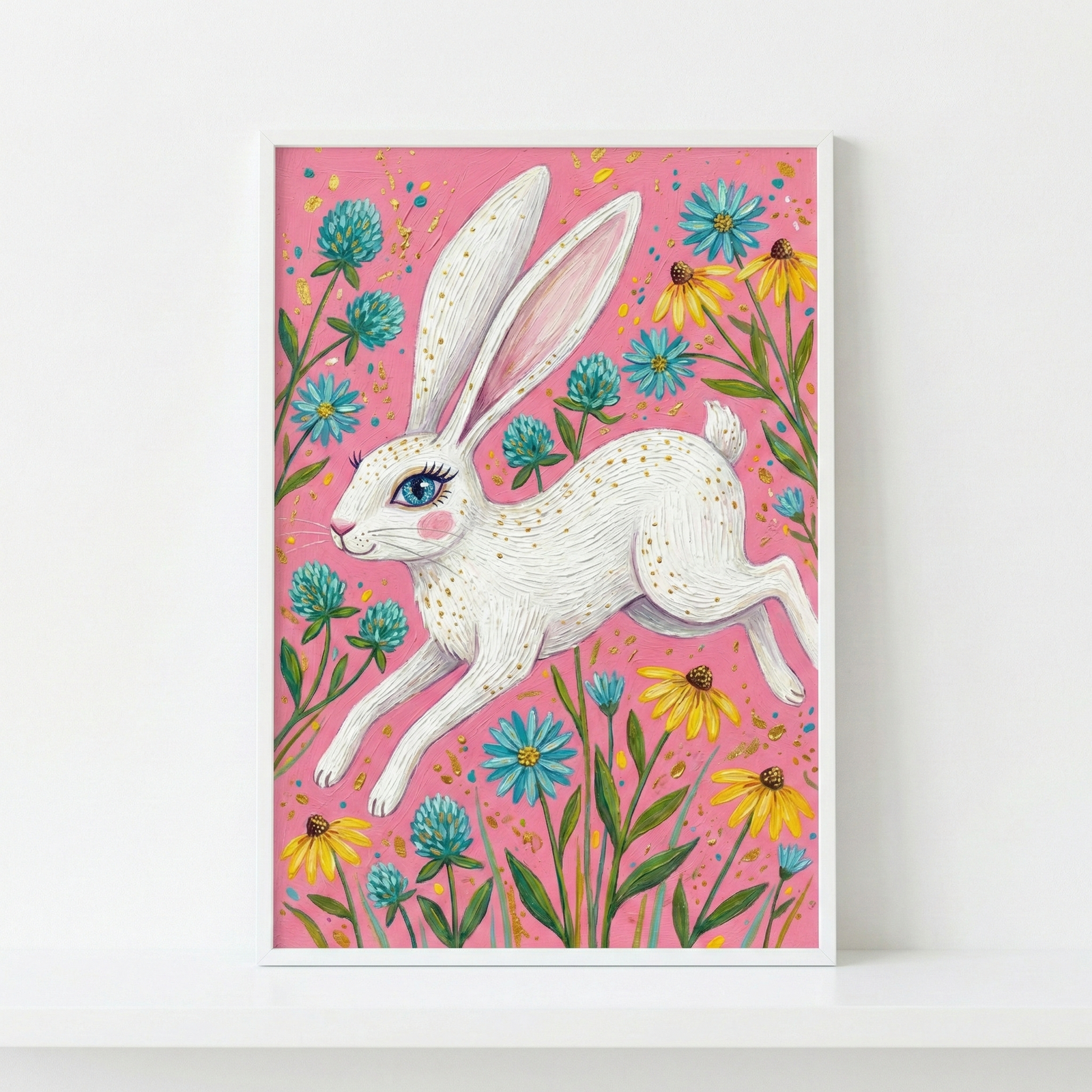 A whimsical illustration depicts a white rabbit with long, pointed ears leaping across a bright pink background. The rabbit's fur is detailed with fine white lines and decorated with shimmering gold speckles. It features a large, striking blue eye and pink-tinted ears. Surrounding the animal are various stylized flowers in shades of blue and yellow, intertwined with green stems and clover-like leaves. Small gold and blue dots are scattered across the pink backdrop, adding a magical feel. 