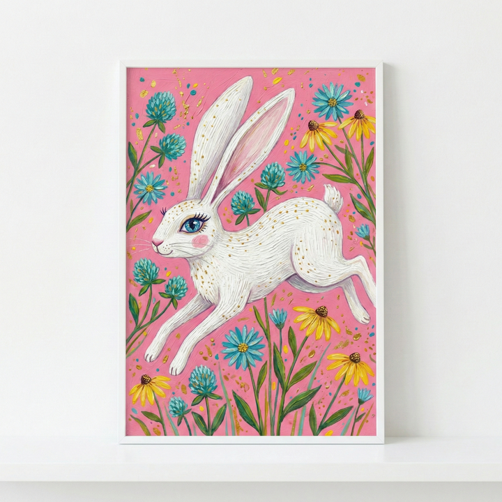 A whimsical illustration depicts a white rabbit with long, pointed ears leaping across a bright pink background. The rabbit's fur is detailed with fine white lines and decorated with shimmering gold speckles. It features a large, striking blue eye and pink-tinted ears. Surrounding the animal are various stylized flowers in shades of blue and yellow, intertwined with green stems and clover-like leaves. Small gold and blue dots are scattered across the pink backdrop, adding a magical feel. 