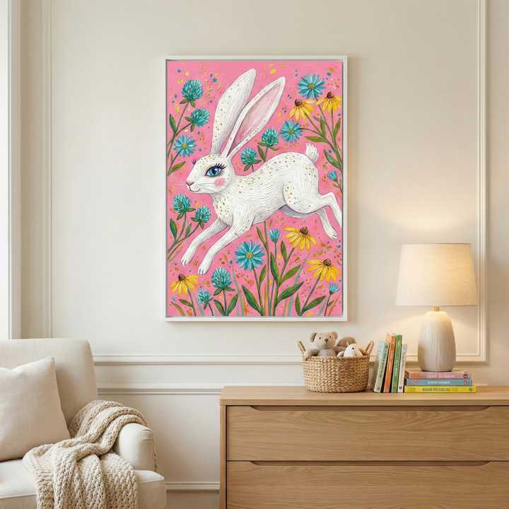 A framed illustration hanging on a neutral wall depicts a whimsical white rabbit jumping through a field of colorful flowers. The rabbit features long ears, large blue eyes, and decorative gold-toned spots. It is surrounded by blue, yellow, and teal floral elements on a bright pink background. Below the artwork, a wooden dresser holds a table lamp, a stack of books, and a small basket with plush toy bears. A portion of a beige armchair with a textured blanket is seen to the side.