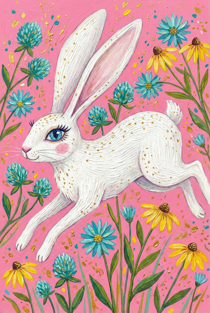A white rabbit with gold-dotted fur and long ears bounds mid-air through a garden of teal, yellow, and blue flowers. The pink background is accented with golden paint flecks.