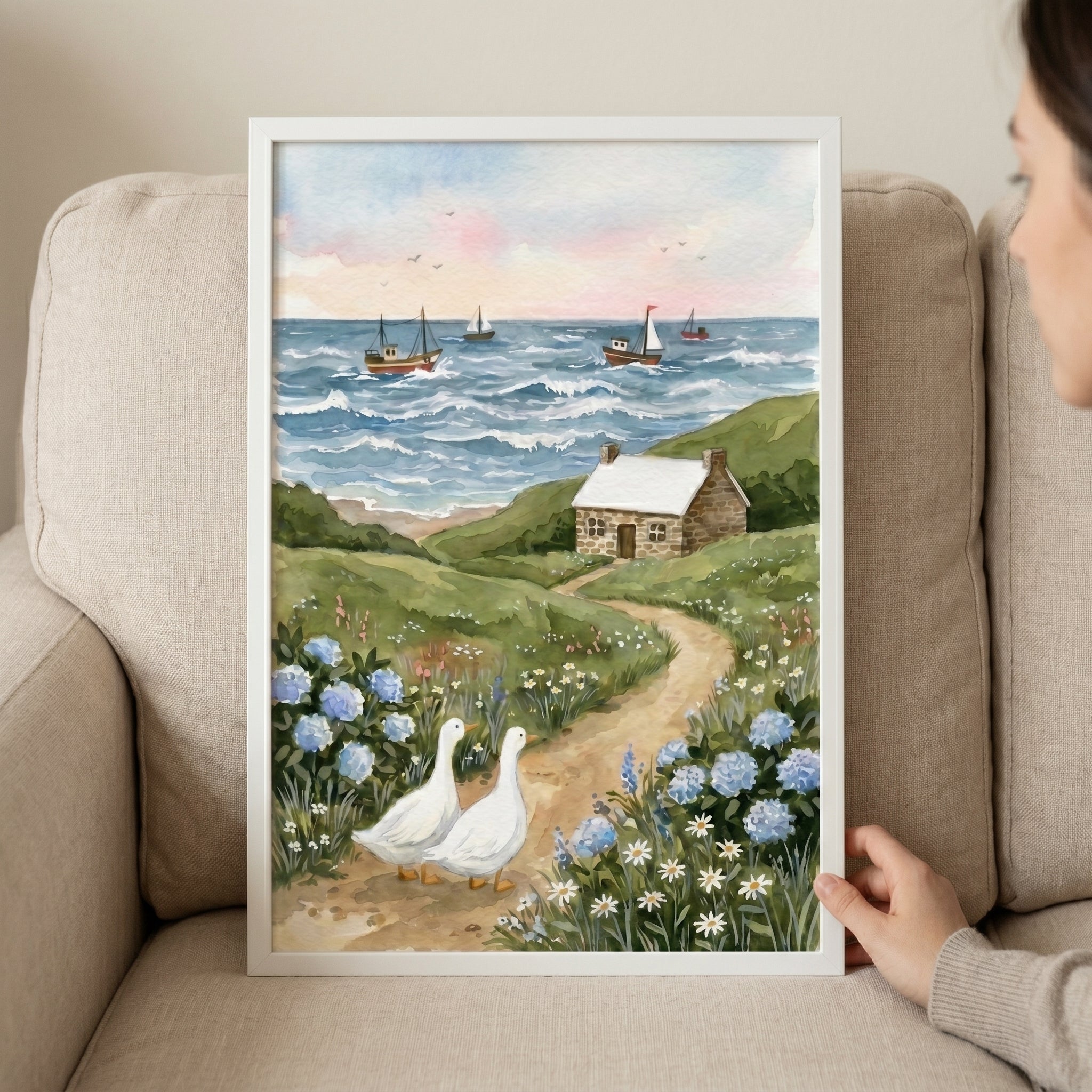 White Roof Stone Cottage Wall Art - Coastal Duck Path