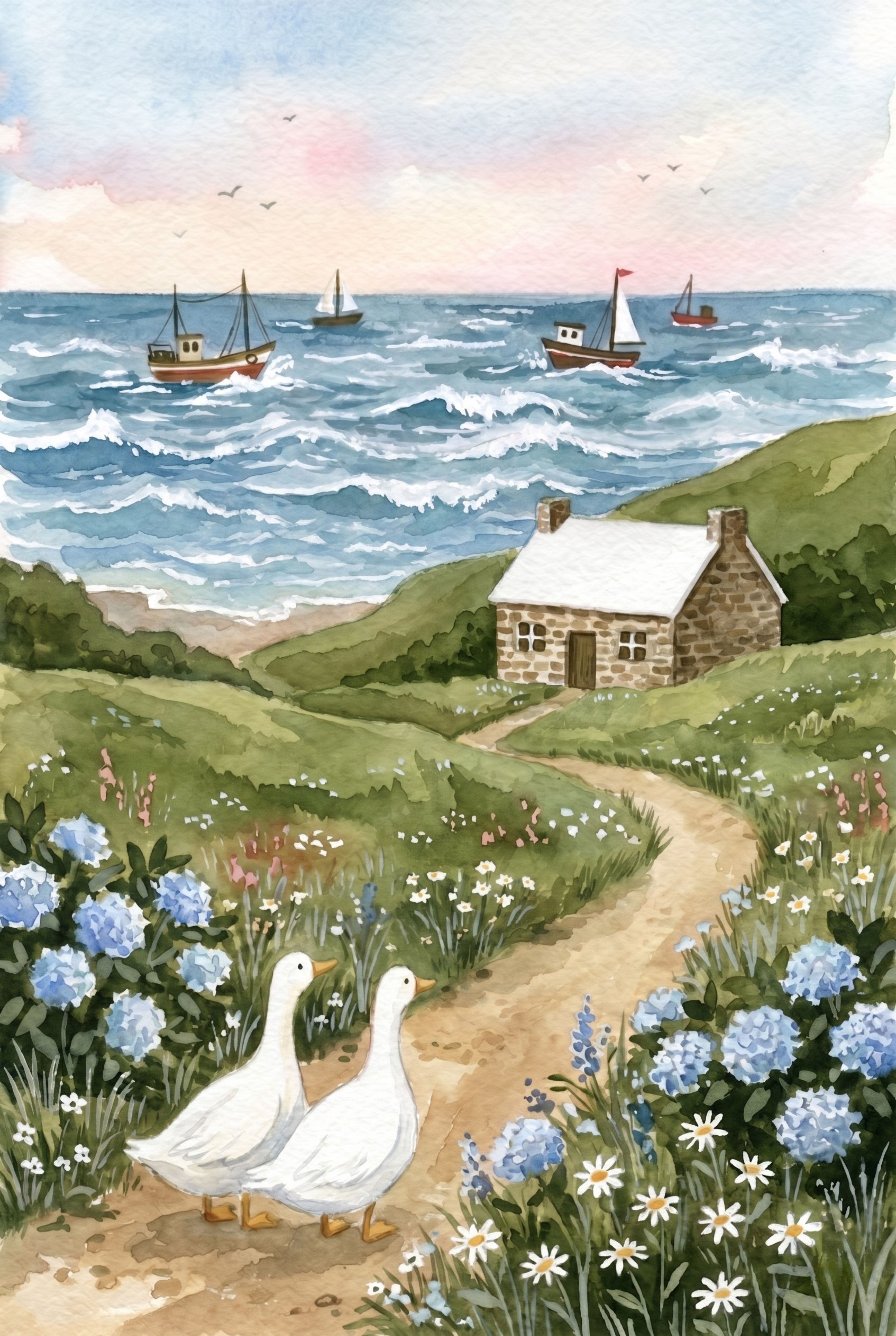 White Roof Stone Cottage Wall Art - Coastal Duck Path