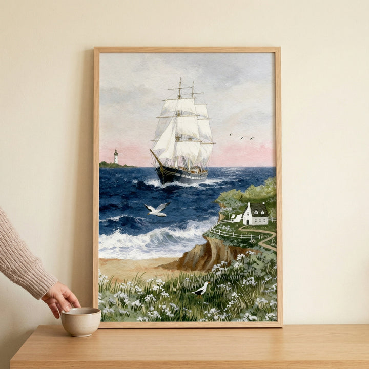 A whimsical watercolor illustration depicting a majestic three-masted sailing vessel with billowing white sails moving across a deep blue ocean. The view is from a verdant coastal cliffside filled with patches of small white flowers. 