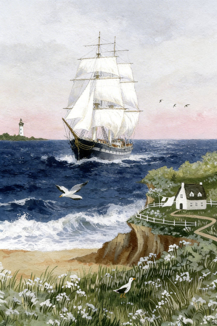 Watercolor painting of a large sailing ship moving across choppy ocean waves near a grassy cliff with a small white house. A lighthouse stands in the distance while birds fly above the water.
