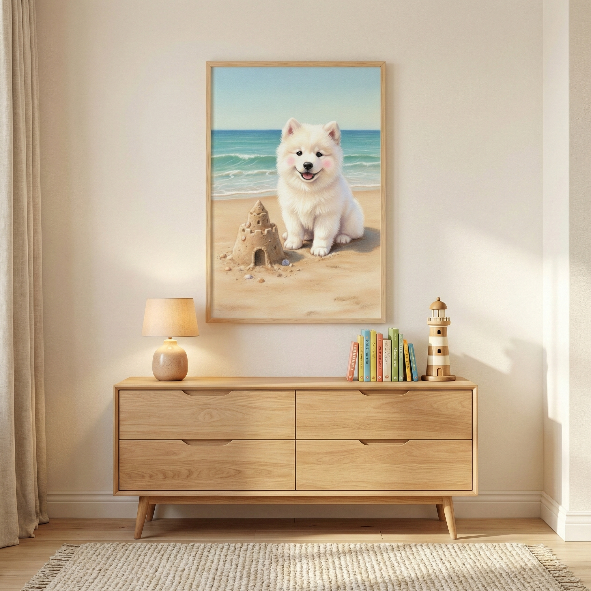 A framed illustration hangs on a light wall above a modern wooden dresser. The artwork depicts a cute, fluffy white dog on a beach next to a sandcastle, with the ocean in the distance. On top of the dresser, there's a simple table lamp, a row of colorful books, and a small decorative lighthouse. A neutral curtain is visible on the left side of the frame, and a textured rug sits on the floor below. The room has a warm, serene feel.