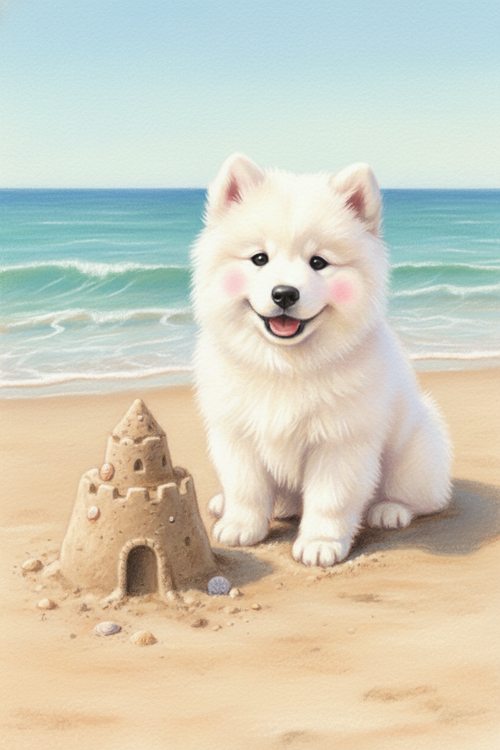 A fluffy white puppy sits on a sandy beach next to a small, detailed sandcastle. The puppy has a smiling expression, soft white fur, and pink rosy cheeks. In the background, turquoise ocean waves gently roll onto the shore under a clear blue sky. The overall scene is rendered in a soft, bright, and illustrative artistic style with a fine texture.