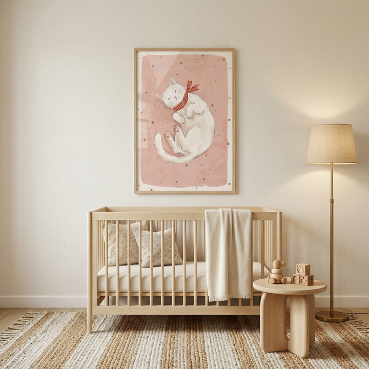 A serene and minimalist nursery features light-toned wooden furniture against a clean, off-white wall. In the center, a simple wooden crib is accented with two patterned pillows and a plush cream-colored blanket draped over the side. Directly above the crib hangs a large framed illustration of a sleeping white cat wearing a red checkered bow, set against a soft pink background with delicate dots.