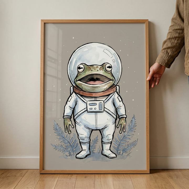 Framed white space suit frog wall art featuring a cartoon frog astronaut in a helmet against a starry background.
