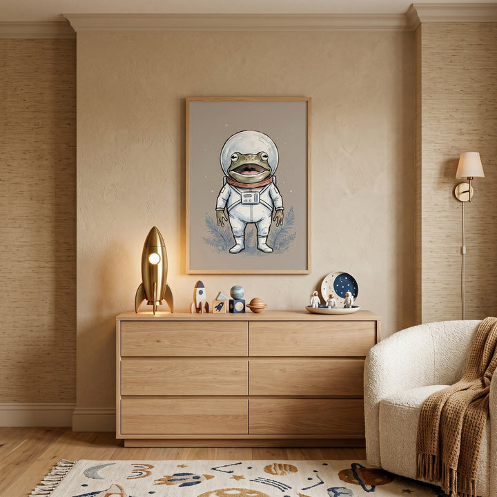 White space suit frog wall art hangs above a wooden dresser with a gold rocket lamp in a neutral nursery.