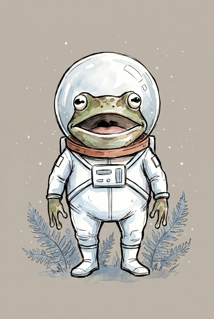A green frog with an open mouth in a glass helmet stands among ferns and stars in this white space suit frog wall art.