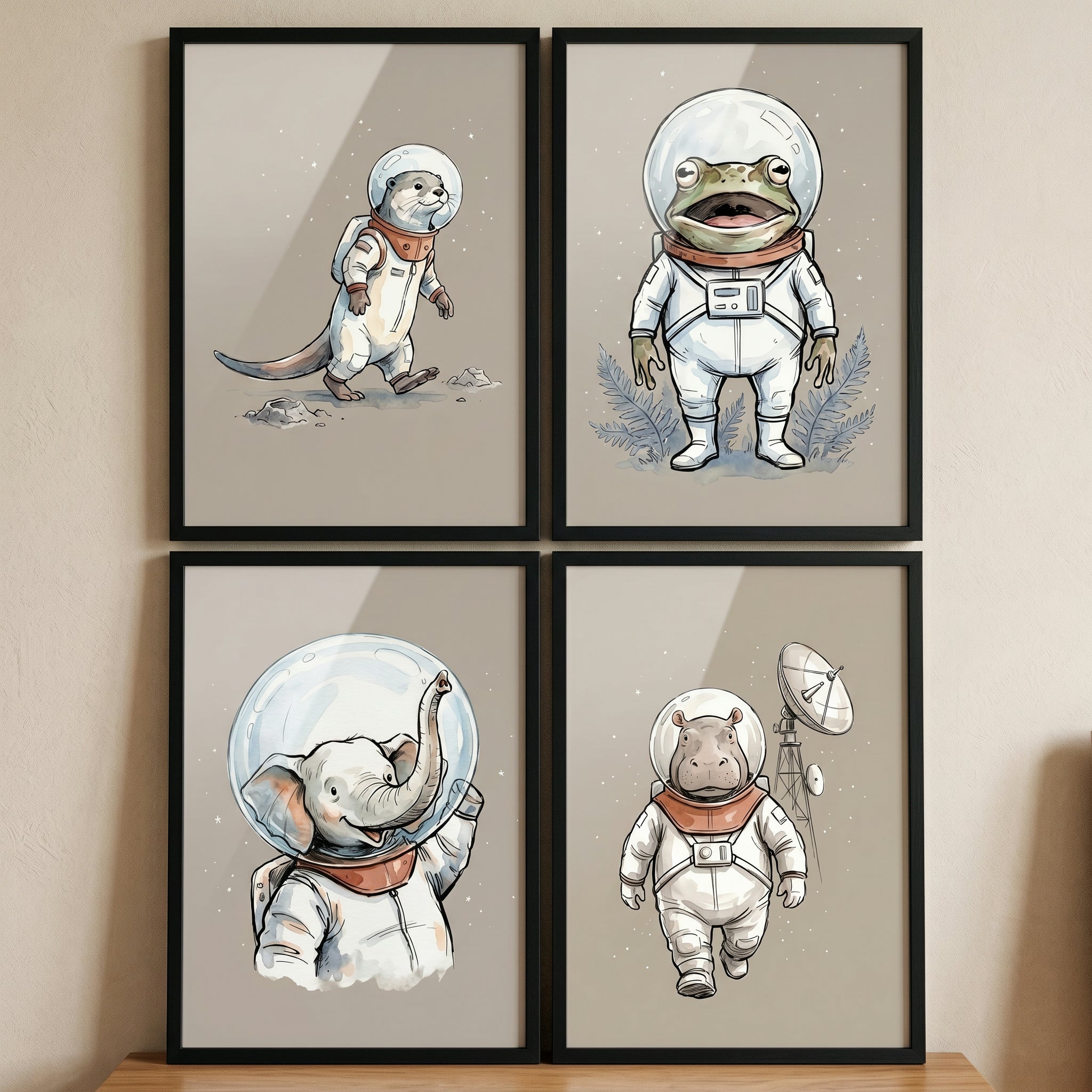 White Spacesuit Astronaut Animal Wall Art Set of 4 - Galactic Animal Explorers