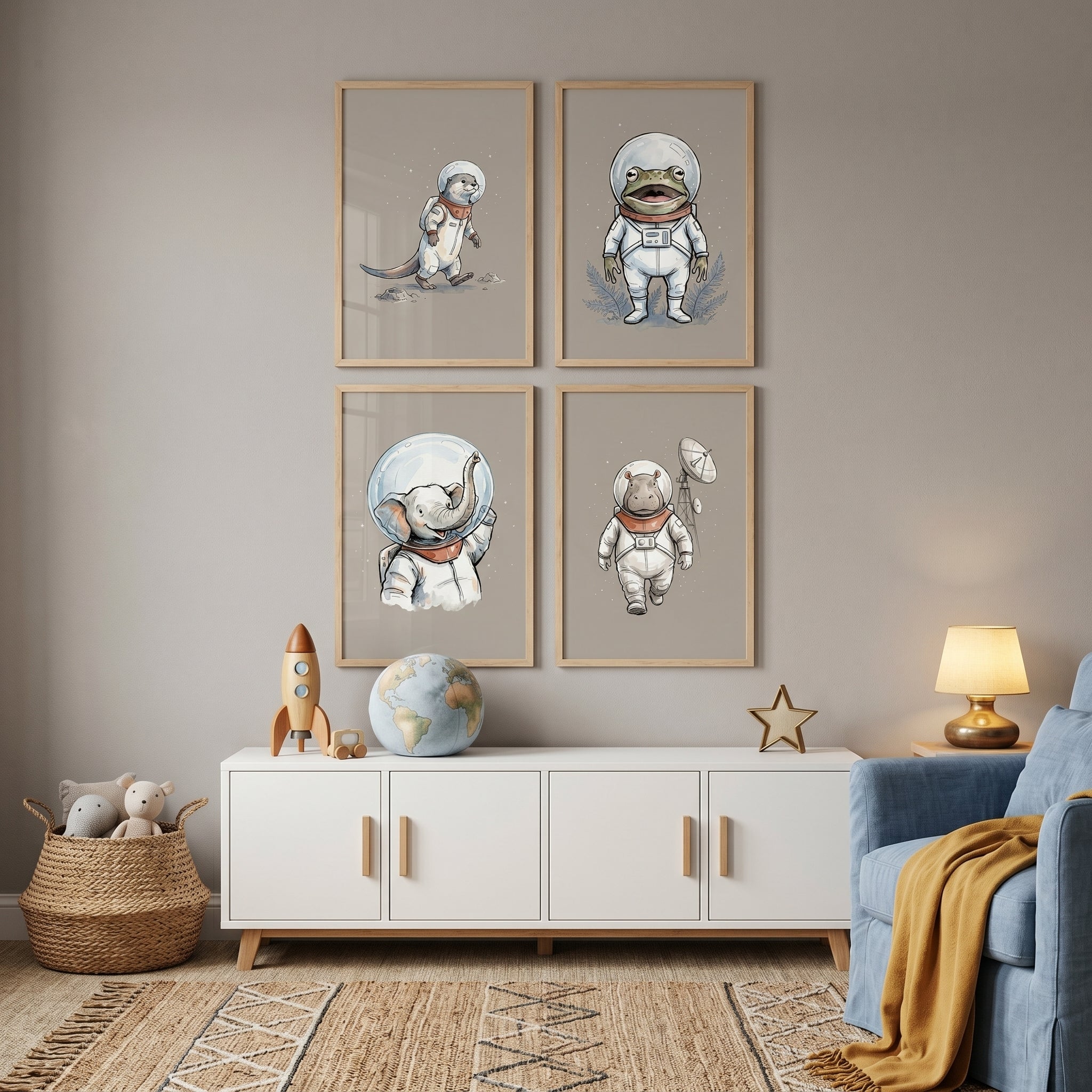 White Spacesuit Astronaut Animal Wall Art Set of 4 - Galactic Animal Explorers