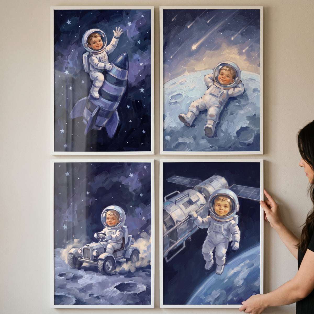 White spacesuit toddler astronaut wall art set of 4 featuring a child on a rocket, the moon, a rover, and in orbit.
