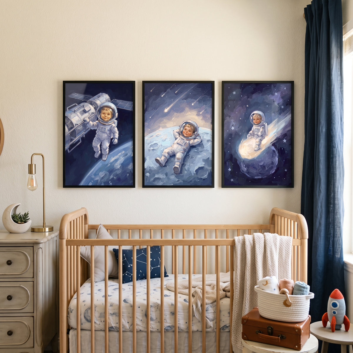 White Suit Baby Astronaut Wall Art Set of 3 - Tiny Cosmic Explorer