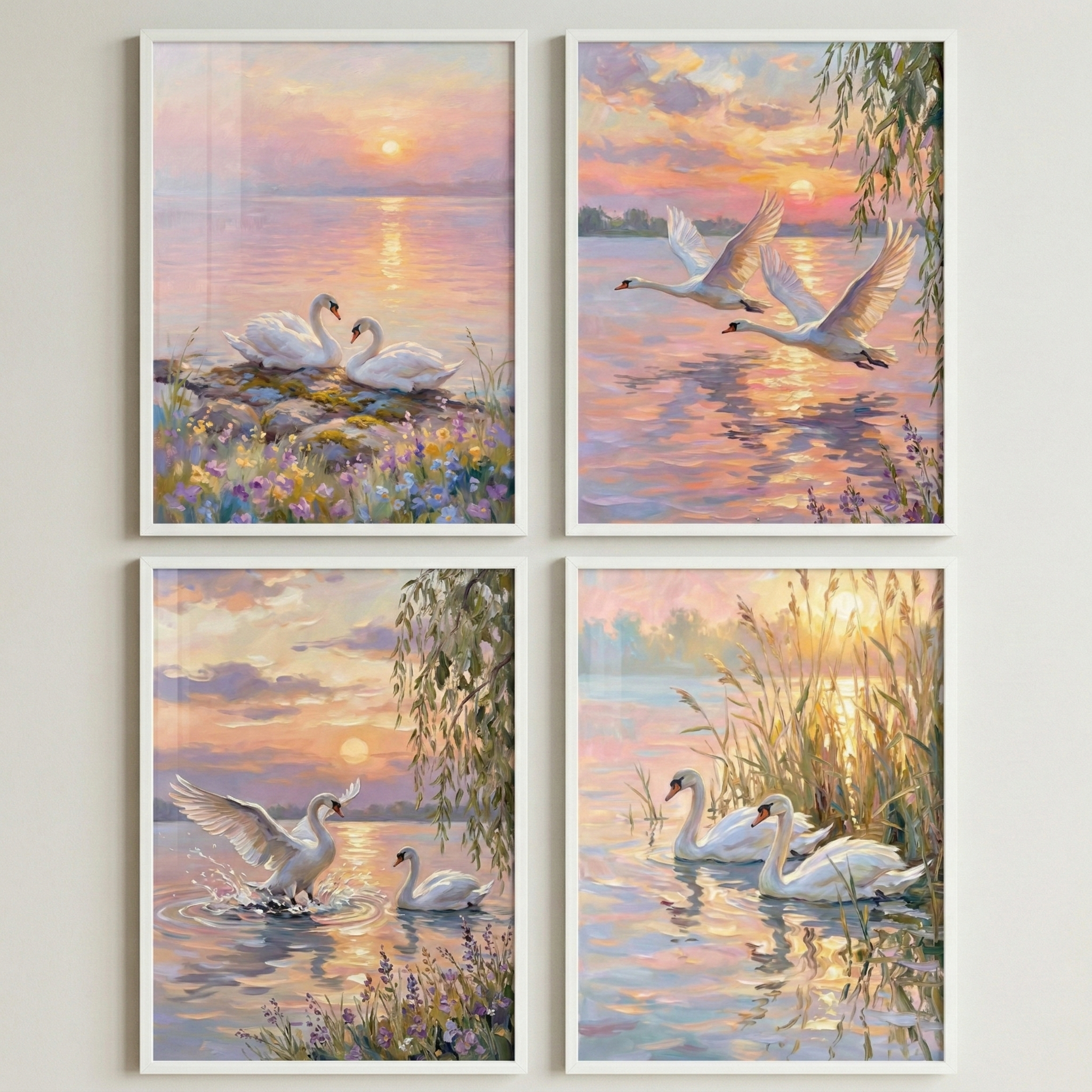 White Swan Wall Art Set of 4 - Sunset Swan Serenity