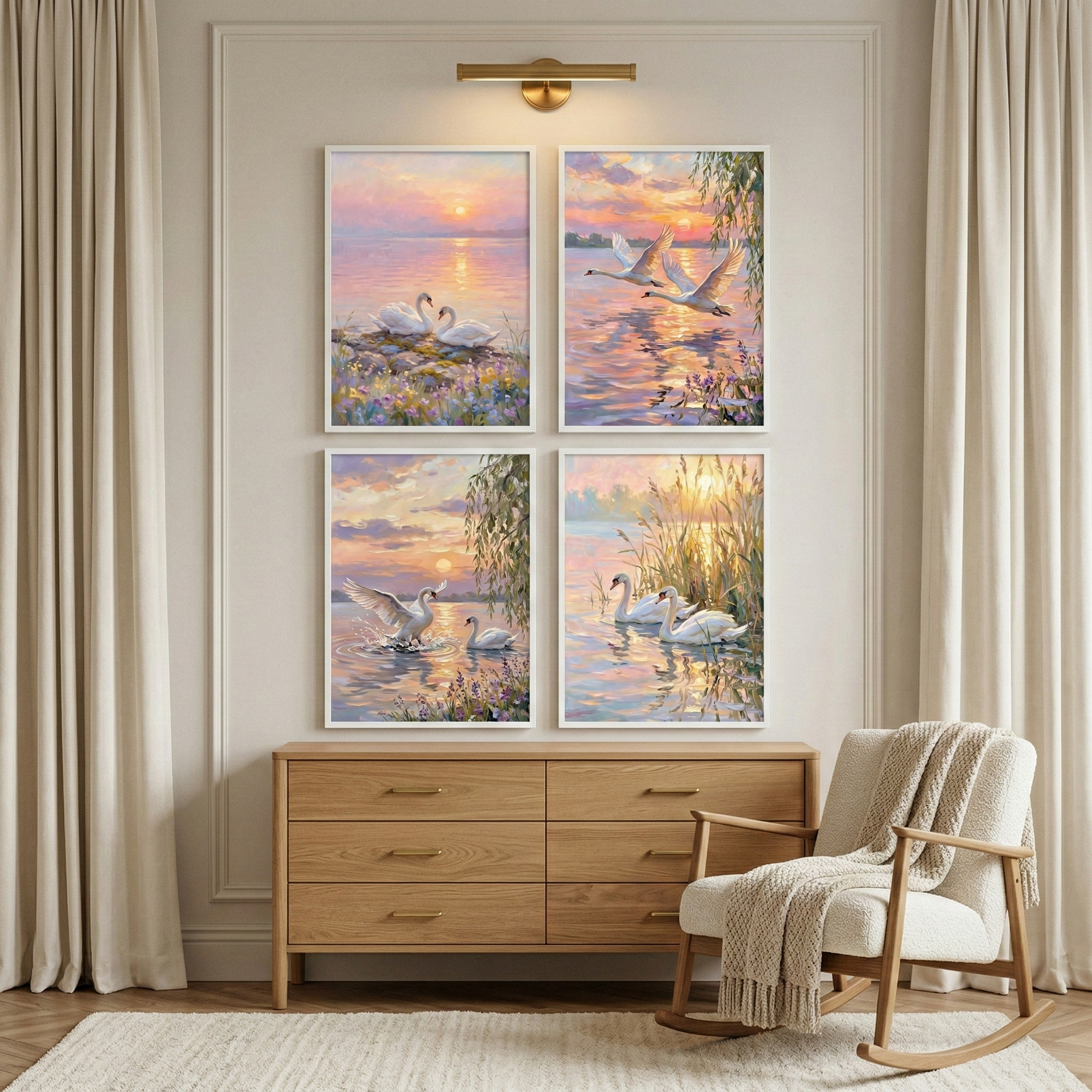 White Swan Wall Art Set of 4 - Sunset Swan Serenity
