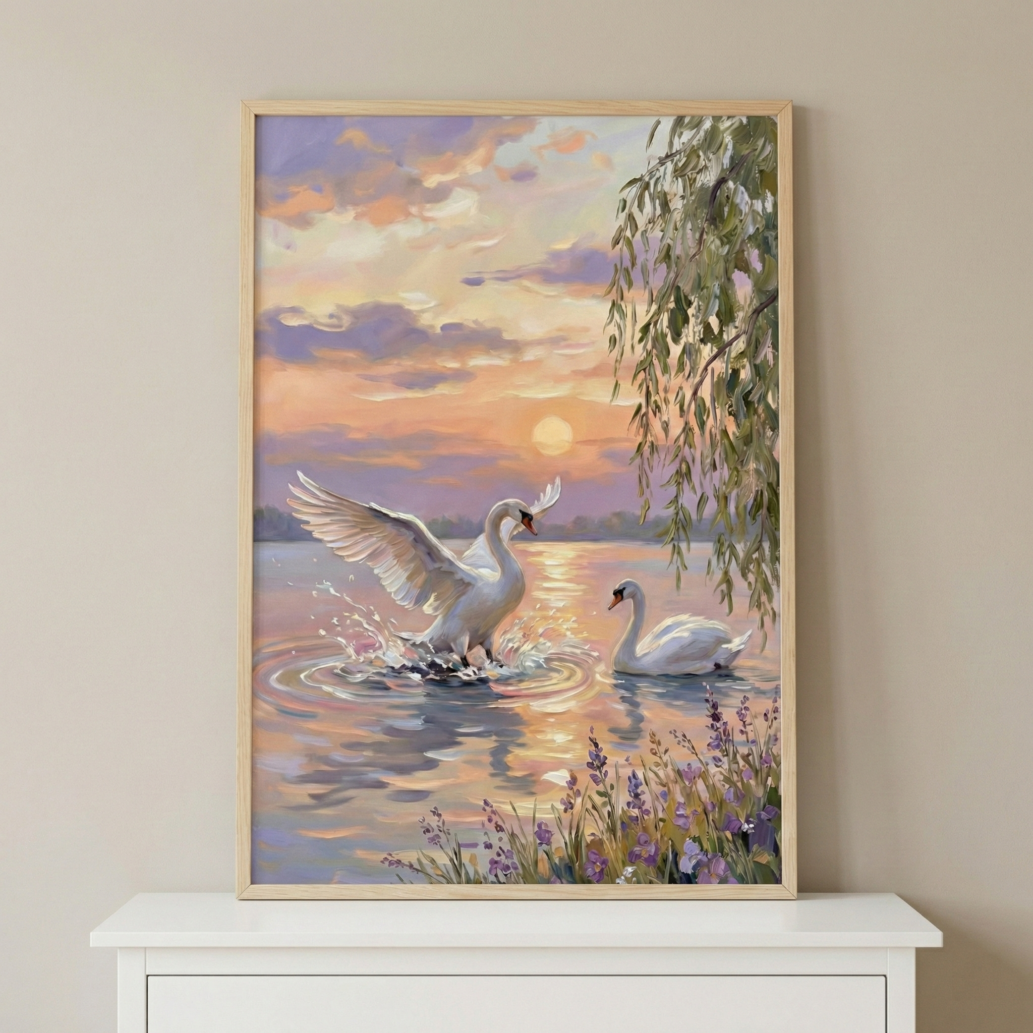An impressionistic artwork depicting two white swans on a tranquil lake during a vibrant sunset. One swan is captured in an active moment, with its wings fully spread and water splashing around its base as it moves through the water. Beside it, another swan glides calmly, its reflection shimmering on the lake's surface. 

